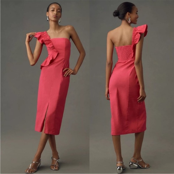 NWT! By Anthropologie One-Shoulder Ruffle Linen Column Midi Dress - Size XL🐬 - Picture 4 of 6